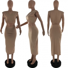 S6279 casual sleeveless shoulder pad T-shirt one step skirt solid color two-piece skirt suit