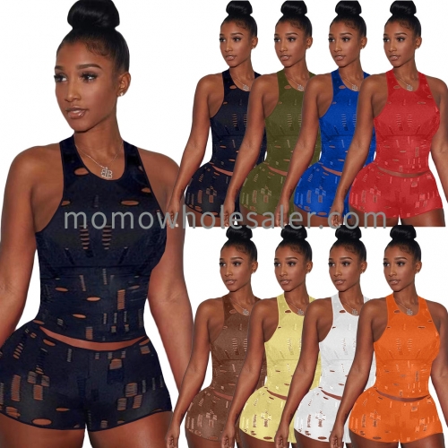 ALS283 Fashion Casual Knitted Hole Sleeveless Tank Top Two Piece Set