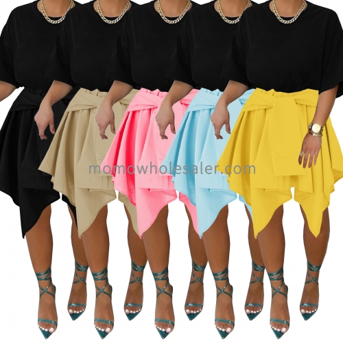 HR8223 Cotton Solid Color Irregular Fake Sleeve Lace Up Skirt