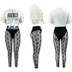 2022 Irregular slit letter print T-shirt lace see-through trousers two-piece set