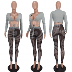 YD8538 Fashion sexy mesh printing two-piece set