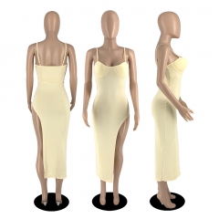 G60134 Sexy suspenders low-cut open-back solid color slim-fit slit bag hip dress
