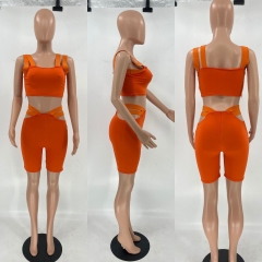 JJ6056 Suspender shorts zipper fashion sports two-piece suit