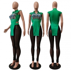 CM8617 digital printing irregular stand collar T-shirt mesh pencil pants two-piece set