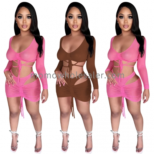 YD8629 Fashion Perspective Mesh Strap Two-piece Set