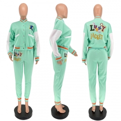 JJ6033 Contrast Color Jacket Letter Print Pocket Stand Collar Single Breasted Sports Baseball Suit