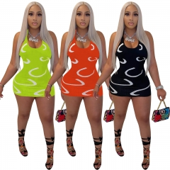 FE241 Sexy halterneck skinny pit strip print dress