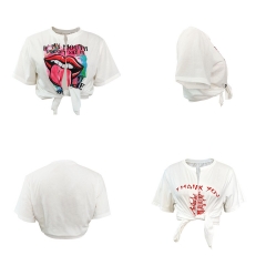 Y1057 Alphabet Graffiti Lips Print Sexy Cropped Navel Tie Cardigan T-Shirt