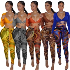 YD8538 Fashion sexy mesh printing two-piece set