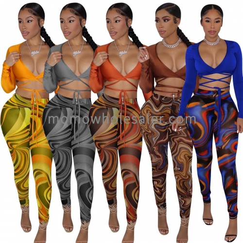 YD8538 Fashion sexy mesh printing two-piece set
