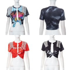 K22TP255 Printed Hip Hop Street Fringe Cardigan Short Sleeve T-Shirt