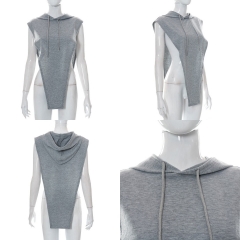 K22TP186 Solid Color Drawstring Hooded Sleeveless Side Slit Casual Top