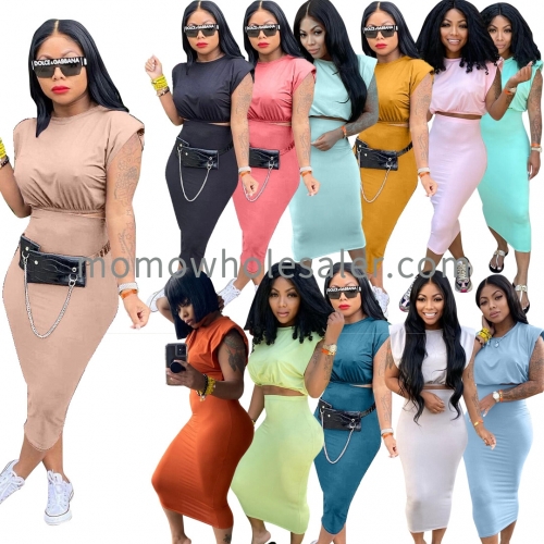 S6279 casual sleeveless shoulder pad T-shirt one step skirt solid color two-piece skirt suit