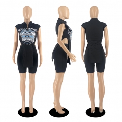 D88176 Sleeveless Shorts Fashion Racing Offset Two Piece Set