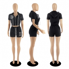 D88172 Zipper Cardigan B Letter Embroidered Short Top Hooded Two-piece Suit