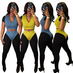 BY09695 Navel-baring sexy irregular zipper short-sleeved cardigan stitching pants two-piece set