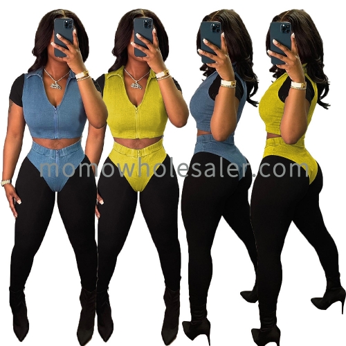 BY09695 Navel-baring sexy irregular zipper short-sleeved cardigan stitching pants two-piece set