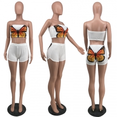 by9613 Butterfly Pattern Print Wrap Chest Shorts Casual Two-piece Set