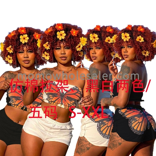 by9613 Butterfly Pattern Print Wrap Chest Shorts Casual Two-piece Set