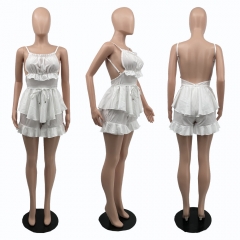 BY96100 Advanced four-way elastic solid color suspenders open back lotus edge jumpsuit