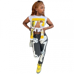 6496TL printed hollow street hipster T-shirt top