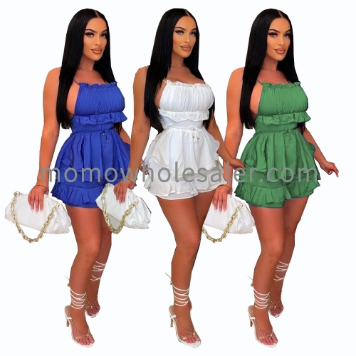 BY96100 Advanced four-way elastic solid color suspenders open back lotus edge jumpsuit