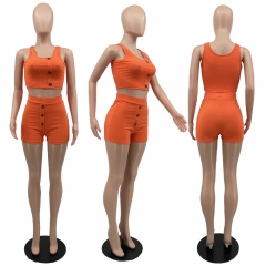 BY09691 Solid Color Pit Stripes Asymmetric Breasted Tank Top Shorts Casual Two-piece Set