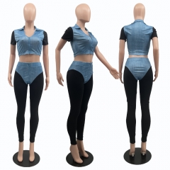 BY09695 Navel-baring sexy irregular zipper short-sleeved cardigan stitching pants two-piece set