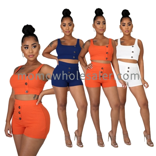 BY09691 Solid Color Pit Stripes Asymmetric Breasted Tank Top Shorts Casual Two-piece Set