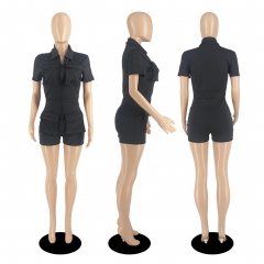 D88166 Zipper Pocket Solid Color Cargo Jumpsuit