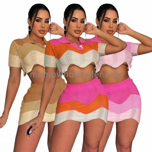 Q22S8150 fashion polo shirt wool knitted multicolor slim fit hip skirt two-piece set