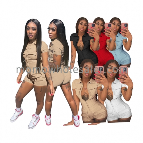 D88166 Zipper Pocket Solid Color Cargo Jumpsuit