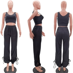 HM6615 solid color sexy deep V vest with trousers slit and lace wide leg two-piece suit