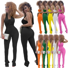 HM6617 Fashion Solid Color Stitching Casual Sleeveless Strap Jumpsuit