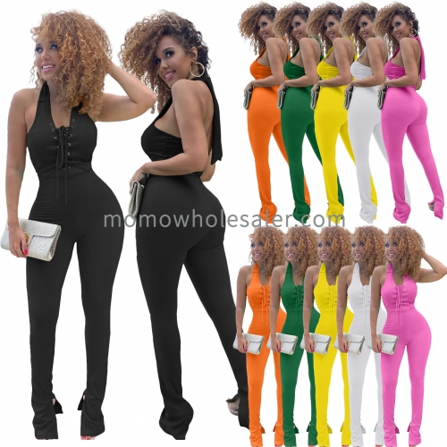 HM6617 Fashion Solid Color Stitching Casual Sleeveless Strap Jumpsuit