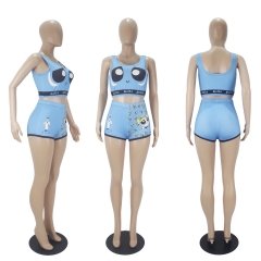 D9374 Sexy graphic print shorts bikini three-piece set