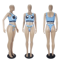 D9374 Sexy graphic print shorts bikini three-piece set
