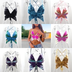 HMAE002XF Sexy Sequin Butterfly Design Top Female Hot Girl Diamond Top Hit Color Sling Shirt Net Red Women's Clothing