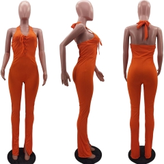 HM6617 Fashion Solid Color Stitching Casual Sleeveless Strap Jumpsuit