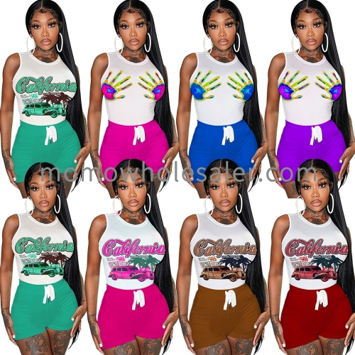 2078 Casual Sports Women's Car Print Sleeveless T-Shirt Skinny Shorts Set