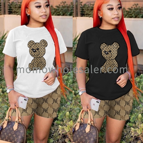 8677 Printed Short Sleeve T-Shirt Shorts Casual Sports Two-piece Set