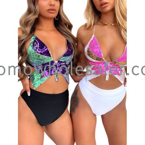 HMAE002XF Sexy Sequin Butterfly Design Top Female Hot Girl Diamond Top Hit Color Sling Shirt Net Red Women's Clothing