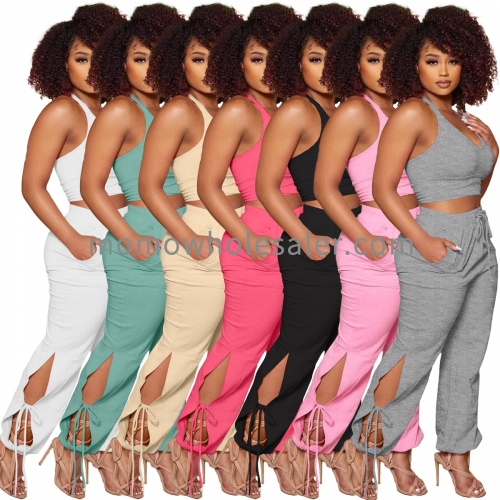 HM6615 solid color sexy deep V vest with trousers slit and lace wide leg two-piece suit