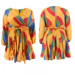 20858 Printed V-Neck Sexy Woven Swing Skirt with Belt Large Size Women's Dress