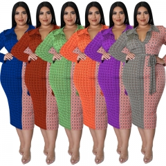 MY1001 Plus Size Women's Casual Fashion Long Sleeve Shirt Collar Colorblock Dress