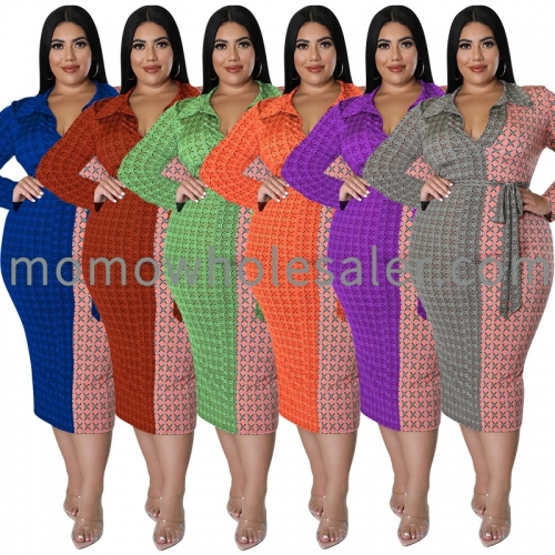 MY1001 Plus Size Women's Casual Fashion Long Sleeve Shirt Collar Colorblock Dress