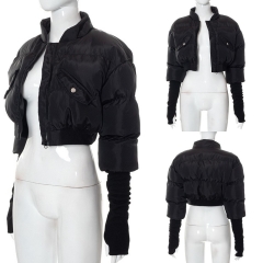 M22TP405 winter new solid color stand collar pocket zipper sleeve finger sleeve cotton jacket