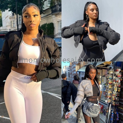 M22TP405 winter new solid color stand collar pocket zipper sleeve finger sleeve cotton jacket