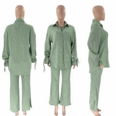 220813 Solid Color Lapel Single Breasted Long Sleeve Lace Up Top Women Fashion Pants Set