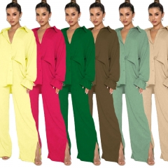 220813 Solid Color Lapel Single Breasted Long Sleeve Lace Up Top Women Fashion Pants Set